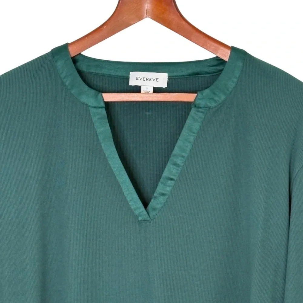Evereve Bex Split Neck Top Size S Satin Trim Soft Rib Knit Green Modal Blend - Picture 7 of 13